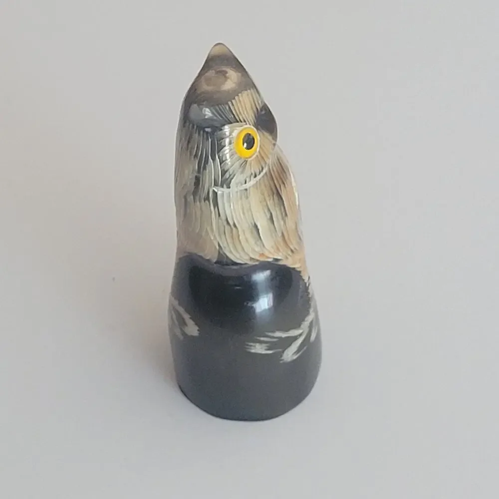 Vintage Carved Water Buffalo Horn Owl Figurine Sculpture 2.75